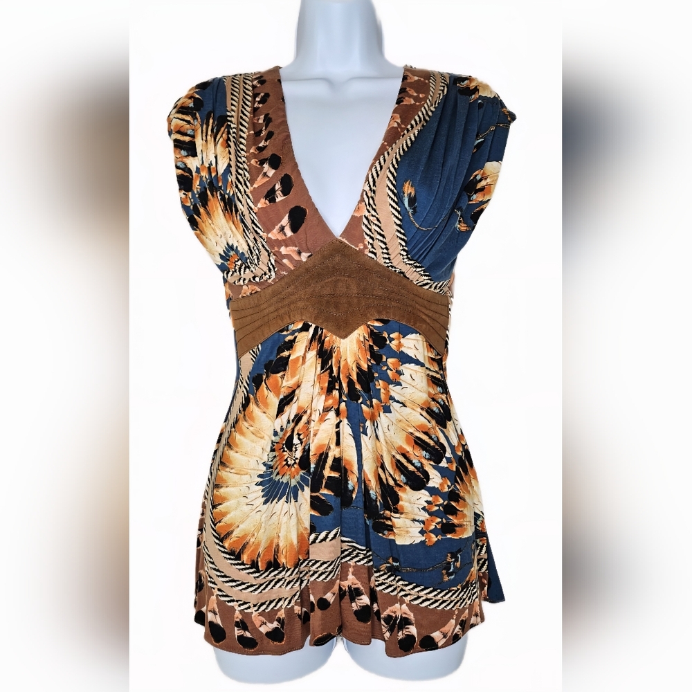 NWOT Sky Women's Boho Empire Waist Cap Sleeve Top Brown/Orange/Blue Size M